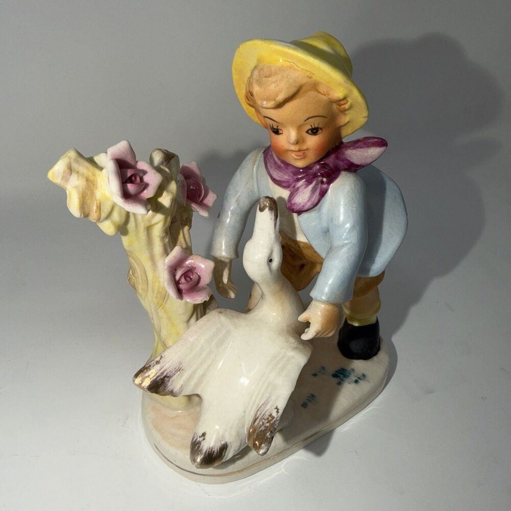 Vintage 1956 Arnat Made in Japan Erich Stauffer Boy W/ Goose Figurine Porcelain